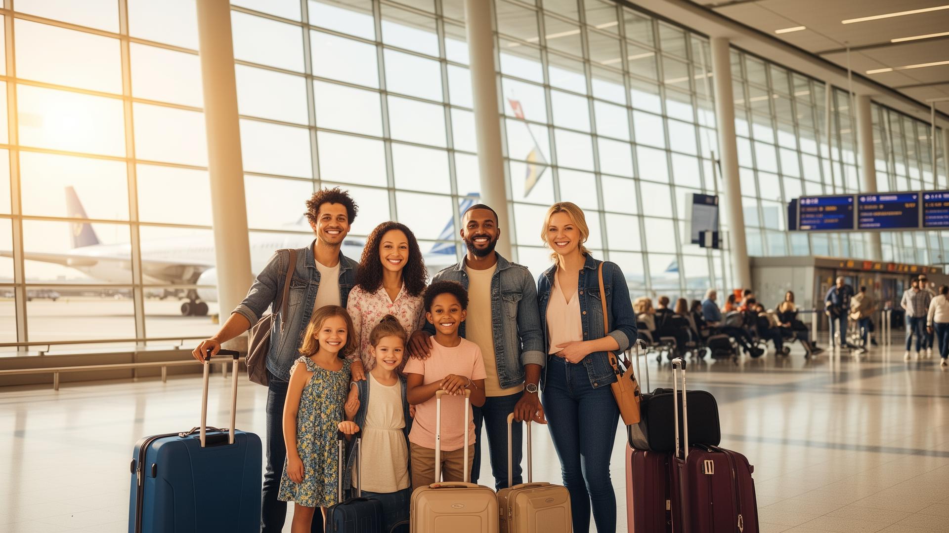 Família feliz no aeroporto pronta para viajar